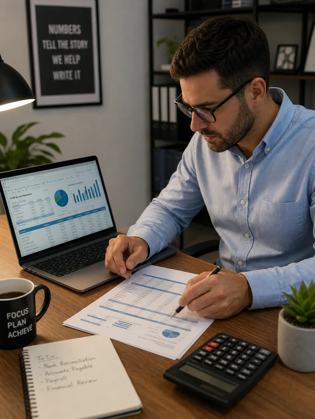Accountant analyzing financial spreadsheets and organized ledger documentation on modern desk